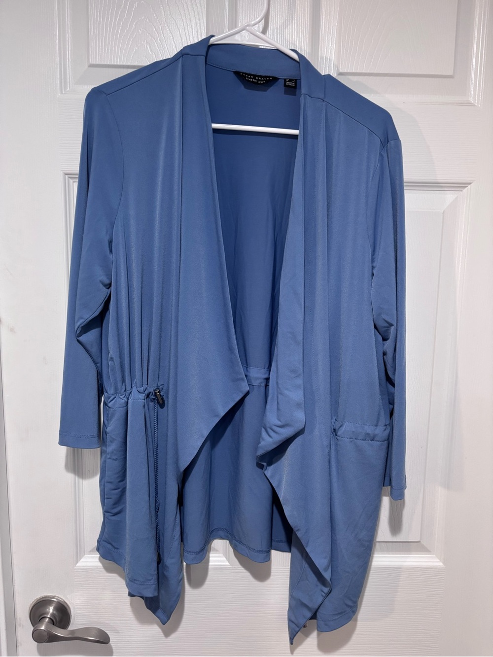 SUSAN GRAVER Liquid Knit Light Blue Open-Front Drape Cardigan w/Toggle Waist - Picture 2 of 9